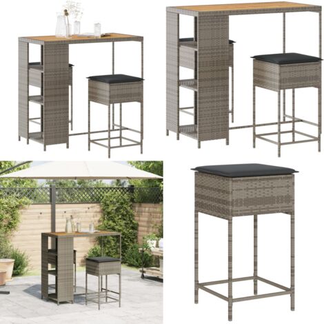Set Bar da Giardino 3pz con Cuscini Grigio in Polyrattan - Seduta esterna - Cuscini per bar