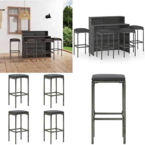 Set Bar da Giardino 5 pz con Cuscini Grigio - Tavolo da giardino - Sgabelli da giardino