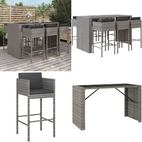 Set Bar da Giardino 7 pz con Cuscini in Polyrattan Grigio - Sedile da bar - Tavolo da bar