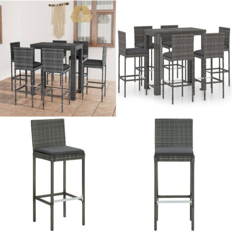 Set Bar da Giardino 7 pz con Cuscini in Polyrattan Grigio - Set da bar - Sgabelli da giardino