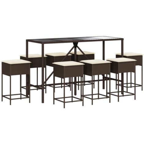 Set Bar da Giardino 9 pz con Cuscini in Polyrattan Marrone vidaXL