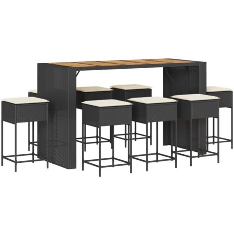 Set Bar da Giardino 9 pz con Cuscini in Polyrattan Nero vidaXL