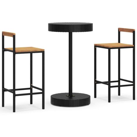 Set bar da giardino mobili da esterno terrazza 3 pezzi polyrattan nero/legno massiccio di acacia 020013478