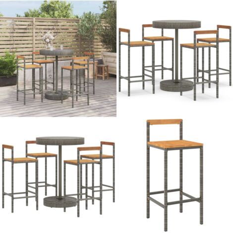 Set Bar Giardino 5pz Grigio Polyrattan e Legno Massello Acacia - Sedie da bar - Tavolo da bar