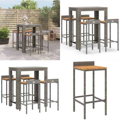 Set Bar Giardino 5pz Grigio Polyrattan e Legno Massello Acacia - Sgabello da bar - Tavolo da bar