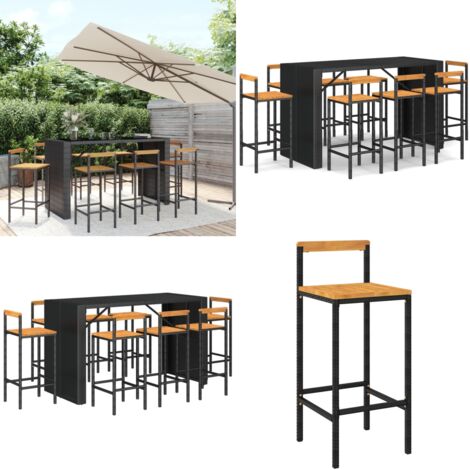 Set Bar Giardino 9 pz Nero Polyrattan e Legno Massello Acacia - Sedie da bar - Tavolo da bar
