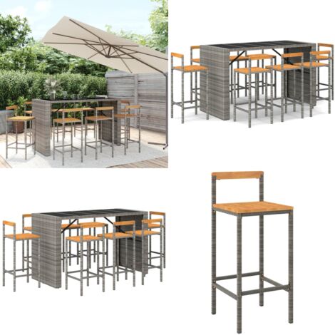 Set Bar Giardino 9pz Grigio Polyrattan e Legno Massello Acacia - Sedie da bar - Tavolo da bar