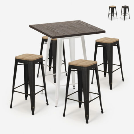 Set bar industriale 4 sgabelli tolix legno tavolino alto 60x60cm Bent White