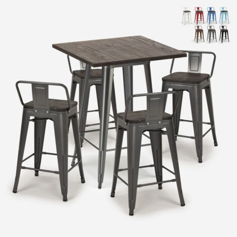 Set bar industriale 4 sgabelli tolix tavolino 60x60cm legno metallo Peaky