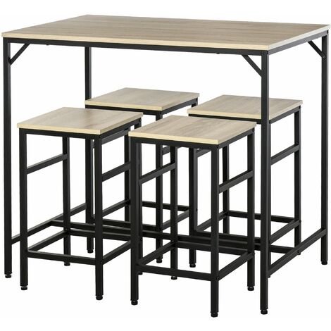 Set Bar Tavolino Alto e 4 Sgabelli in Metallo e Legno Rovere Chiaro
