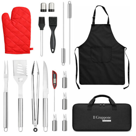 Set BBQ Professionale con Termometro Carne – Accessori Barbecue in Acciaio Inox 430 Alimentare con Pinza, Spatola, Forchettone, Coltello, Grembiule Kit 7 o 17 Pezzi Kit 17 Pezzi