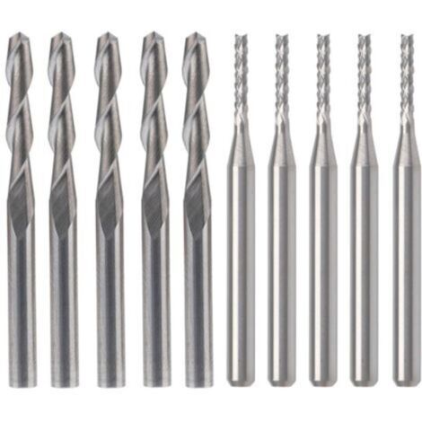 Set bestehend aus einem Schaftfräser aus Wolframkarbid, 5 Fräsern (1,5 mm) und 5 Flachfräsern (3,175 mm) mit Spiralnut.