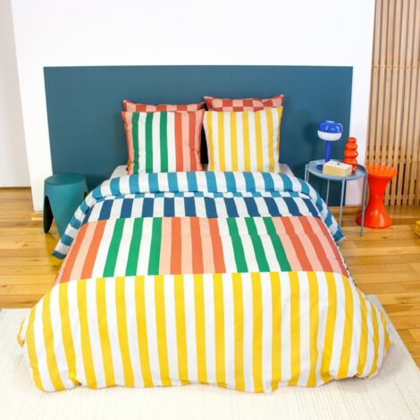 Set biancheria da letto in cotone a righe multicolori, 2 posti
