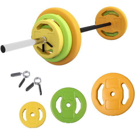 Set Bilanciere e Dischi da 20Kg Totali  6 Pesi 2 Clip di Fissaggio e Presa Antiscivolo in Metallo e PU Multicolore