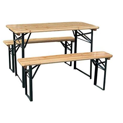 Set birreria, 2 panche e tavolo in legno naturale, 120x60 cm