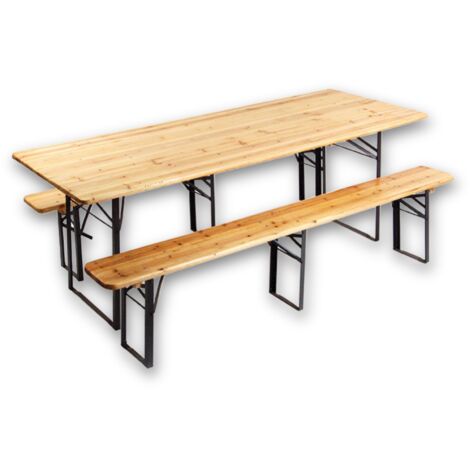 Set Birreria in legno di abete con struttura in ferro e gambe pieghevoli 220x70xH75 cm