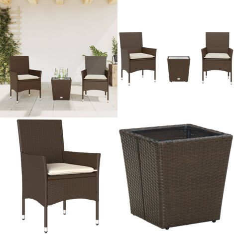 Set Bistrò 3 pz con Cuscini Marrone Polyrattan e Vetro - Tavolo da giardino - Sedie da giardino