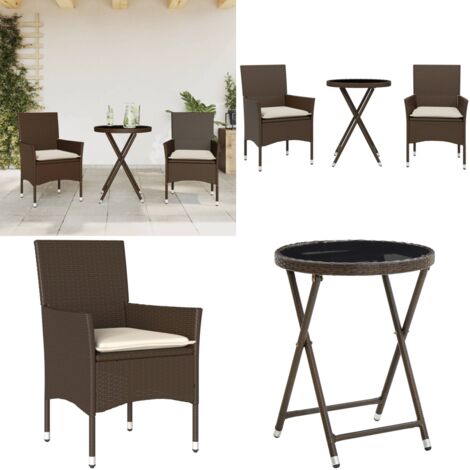 Set Bistrò 3 pz con Cuscini Marrone Polyrattan e Vetro - Tavolo da giardino - Sedie da giardino