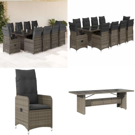 Set Bistrò da Giardino 11 pz con Cuscini in Polyrattan Grigio - Sedie da giardino reclinabili - Tavolo da giardino