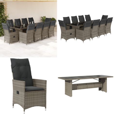 Set Bistrò da Giardino 11 pz con Cuscini in Polyrattan Grigio - Sedie da giardino reclinabili - Tavolo da giardino