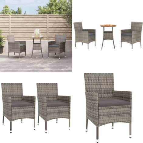 Set Bistrò da Giardino 3 pz con Cuscini in Polyrattan Grigio - Sedie da bistrò - Tavolo da bistrò
