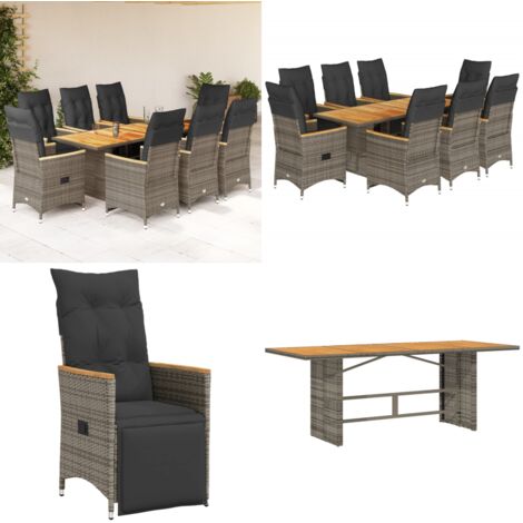 Set Bistrò da Giardino 9 pz con Cuscini in Polyrattan Grigio - Sedie da giardino reclinabili - Tavolo da giardino