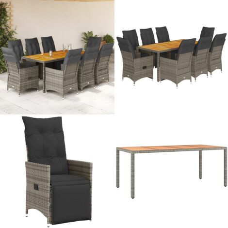 Set Bistrò da Giardino 9 pz con Cuscini in Polyrattan Grigio - Sedie da giardino reclinabili - Tavolo da giardino