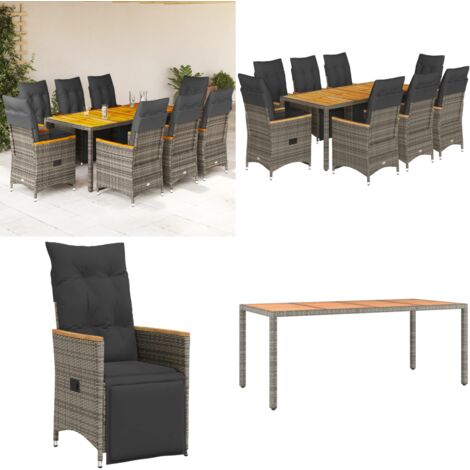 Set Bistrò da Giardino 9 pz con Cuscini in Polyrattan Grigio - Sedie da giardino reclinabili - Tavolo da giardino