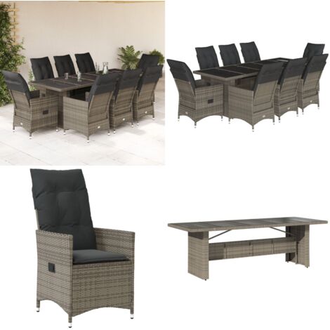 Set Bistrò da Giardino 9 pz con Cuscini in Polyrattan Grigio - Sedie da giardino reclinabili - Tavolo da giardino