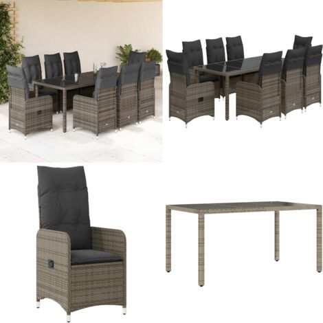 Set Bistrò da Giardino 9 pz con Cuscini in Polyrattan Grigio - Sedie da giardino reclinabili - Tavolo da giardino