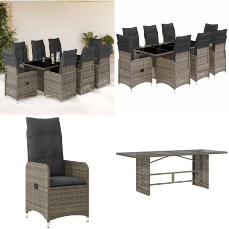 Set Bistrò da Giardino 9 pz con Cuscini in Polyrattan Grigio - Sedie da giardino reclinabili - Tavolo da giardino