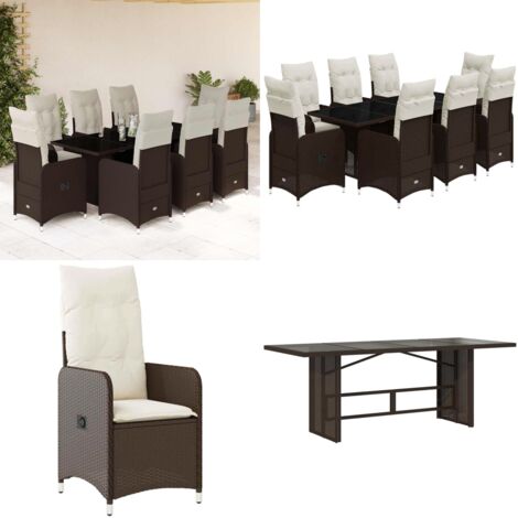 Set Bistrò da Giardino 9 pz con Cuscini in Polyrattan Marrone - Sedie da giardino reclinabili - Tavolo da giardino