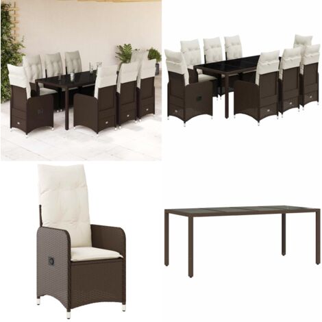 Set Bistrò da Giardino 9 pz con Cuscini in Polyrattan Marrone - Sedie da giardino reclinabili - Tavolo da giardino