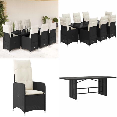 Set Bistrò da Giardino 9 pz con Cuscini in Polyrattan Nero - Sedie da giardino reclinabili - Tavolo da giardino