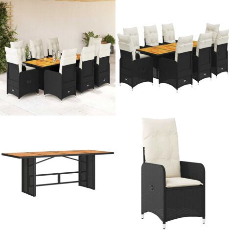 Set Bistrò da Giardino 9 pz con Cuscini in Polyrattan Nero - Sedie da giardino reclinabili - Tavolo da giardino
