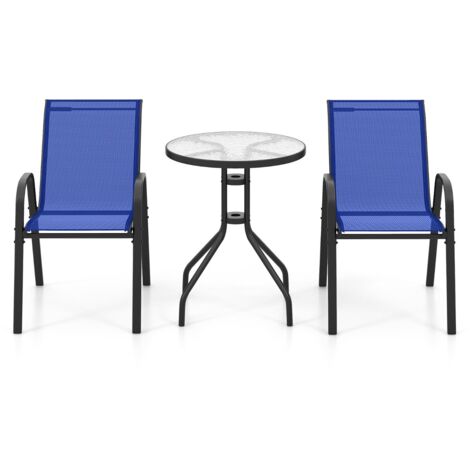 Set bistrot da esterno 3 pezzi, Tavolino rotondo con 2 sedie impilabili piano tavolo in vetro temperato Blu