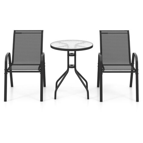 Set bistrot da esterno 3 pezzi, Tavolino rotondo con 2 sedie impilabili piano tavolo in vetro temperato Nero