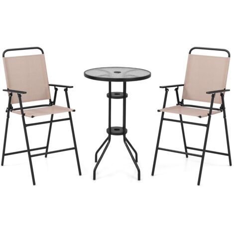 Set bistrot da esterno 3 pezzi, Tavolo bar con 2 sedie pieghevoli piano in vetro temperato foro per ombrellone Beige