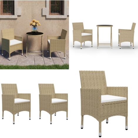Set Bistrot da Giardino 3 pz Polyrattan e Vetro Temperato Beige - Tavolo da giardino - Sedie da giardino
