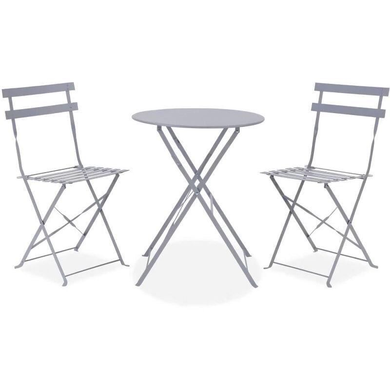 Set bistrot - Ensemble repas de jardin - Table pliante Diam.60 cm + 2 chaises - Acier thermolaqué - Gris