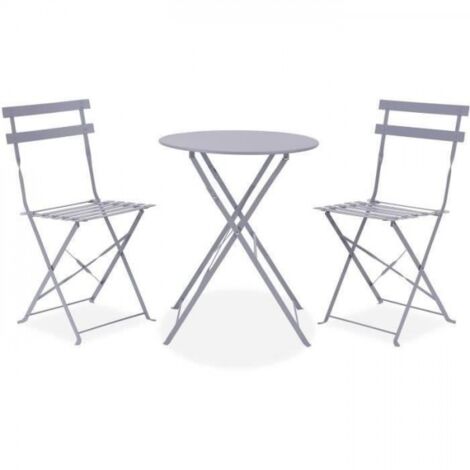 Set bistrot - Ensemble repas de jardin - Table pliante Diam.60 cm + 2 chaises - Acier thermolaqué - Gris