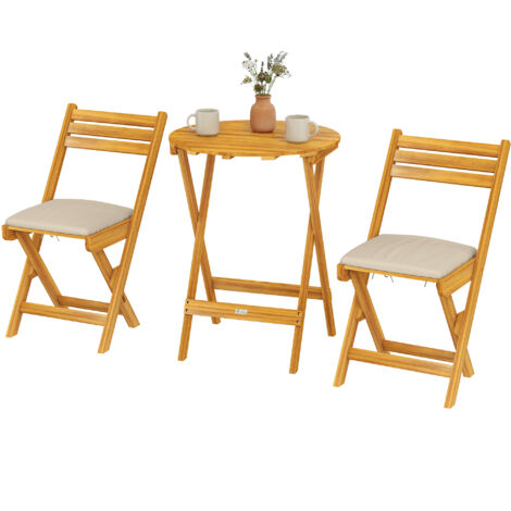 Set Bistrot Extérieur : 2 chaises pliantes et table ronde en bois naturel
