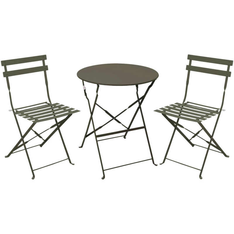 Ensemble table de jardin pliante ronde bistrot et 2 chaises en métal - Vert kaki - Marseille