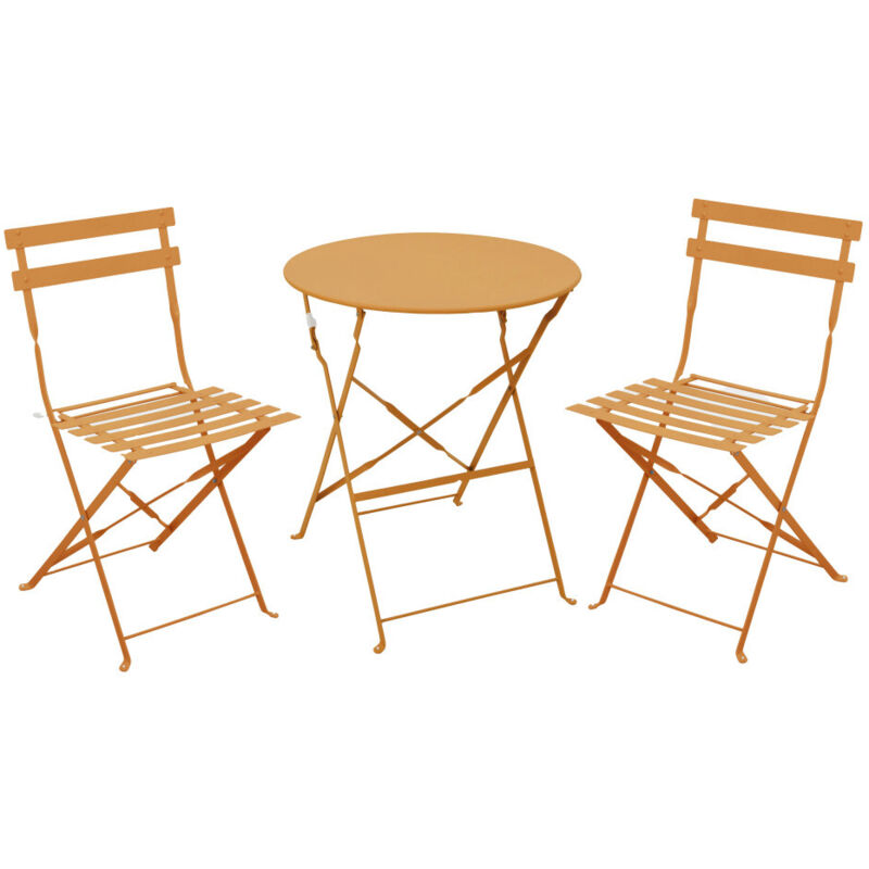 Ensemble bistrot pliant métal 2 personnes - table ronde 60cm pliable 2 chaises salon de jardin terrasse balcon Marseille - Ocre