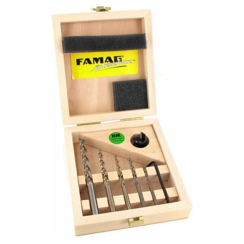 Famag Set of 7 Pieces in Wooden Case, Drill Bit 1593 3, 4, 5, 6, 8mm and Vario c