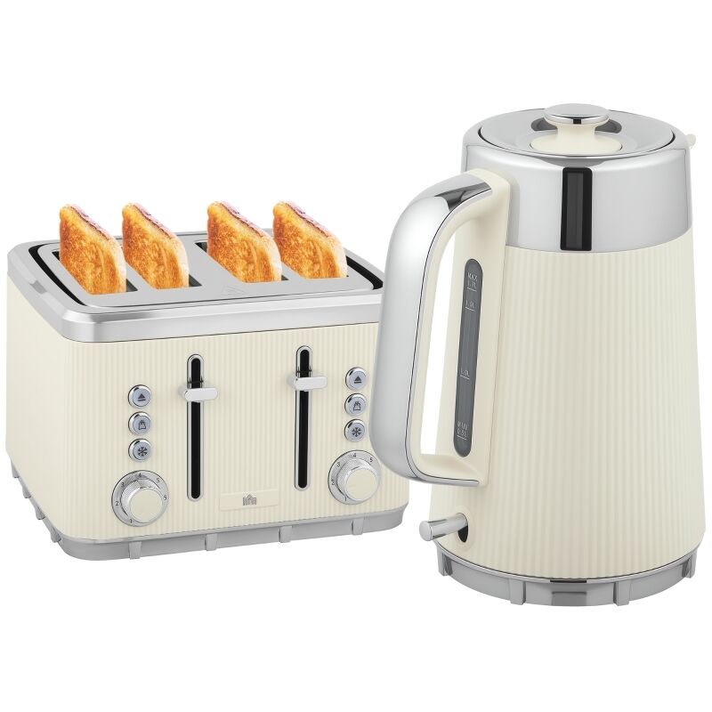 Set Bouilloire 2200W 1,7L + Grille-pain 4 Tranches - Fonction Ébullition Rapide et 7 Niveaux de Cuisson - Filtre Anticalcaire - Blanc Crème