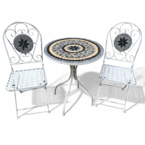 Set bristò 1 tavolo e 2 sedie in acciaio marmo con decorazioni mosaico bianco e grigio da giardino