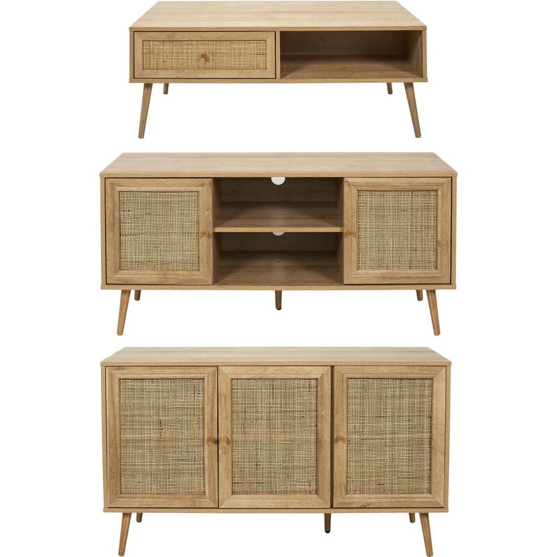 Set buffet 3 portes + meuble tv en bois 2 portes et table basse 1 tiroir Bali