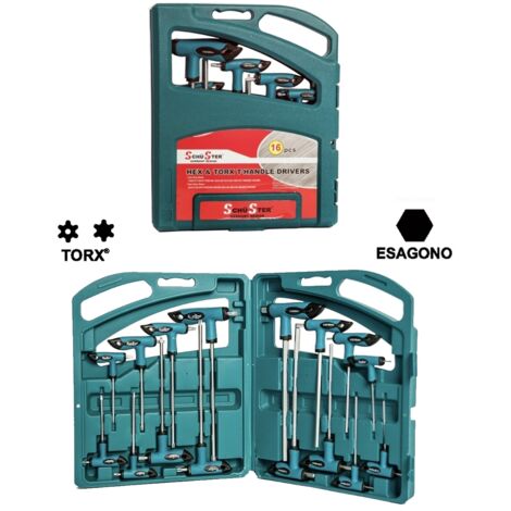 Set cacciaviti/giraviti 16 pezzi impronta doppia torx / torx forati + esagonale / esagonali / Hex impugnatura a T
