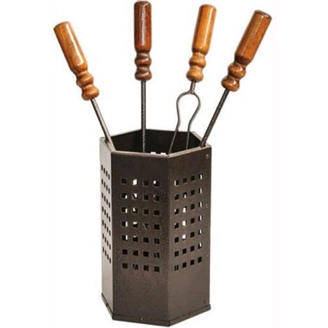 SET CAMINO IN FERRO BATTUTO MANICO LEGNO 669A ALTEZZA 52CM ATTREZZI CAMINO